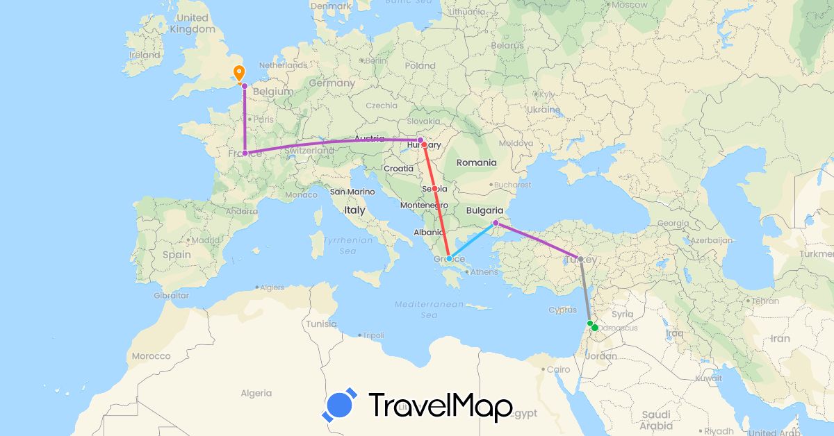TravelMap itinerary: driving, bus, plane, train, hiking, boat, hitchhiking in France, United Kingdom, Greece, Hungary, Lebanon, Serbia, Syria, Turkey (Asia, Europe)